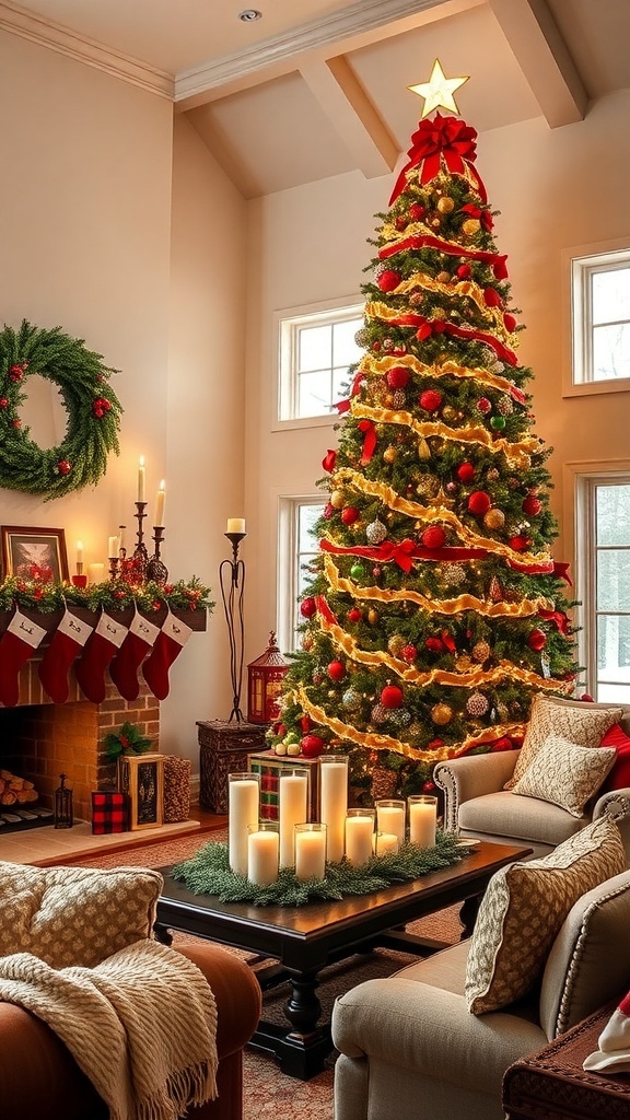A festive living room with a decorated Christmas tree, stockings on the fireplace, and a cozy holiday ambiance.